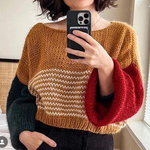 Hand-knit wool sweater made by myself. Cropped at hips with oversized sleeves.